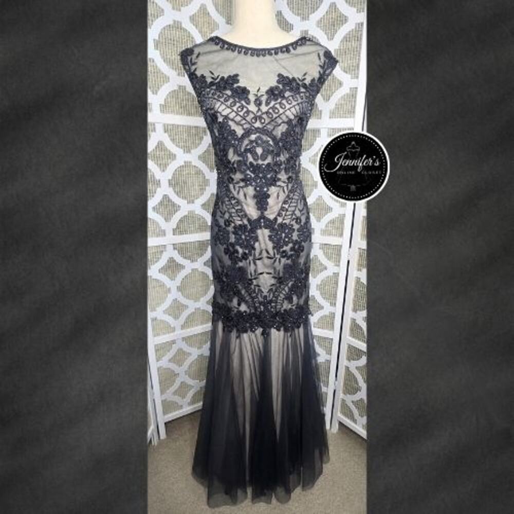 Cachet Charcoal Applique Illusion Tulle Mermaid Evening Gown Size 4